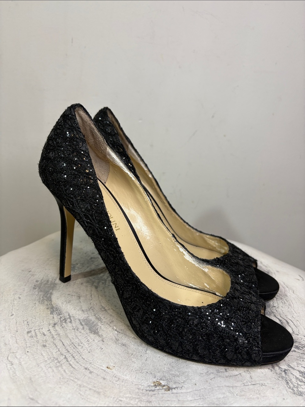 Black Lace Shimmer Glitter Enzo Angiolini Eamaiven Peep Toe Stiletto Pumps 7.5
